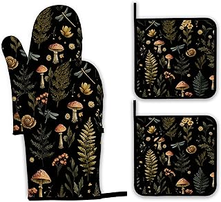 Mushroom Forest Plant Oven Mitts and Pot Holders,Dragonfly Heat Resistant Oven Mitts Gloves and Pot Holder for Home Kitchen Decorations Cooking Baking BBQ Gifts,Set of 4
