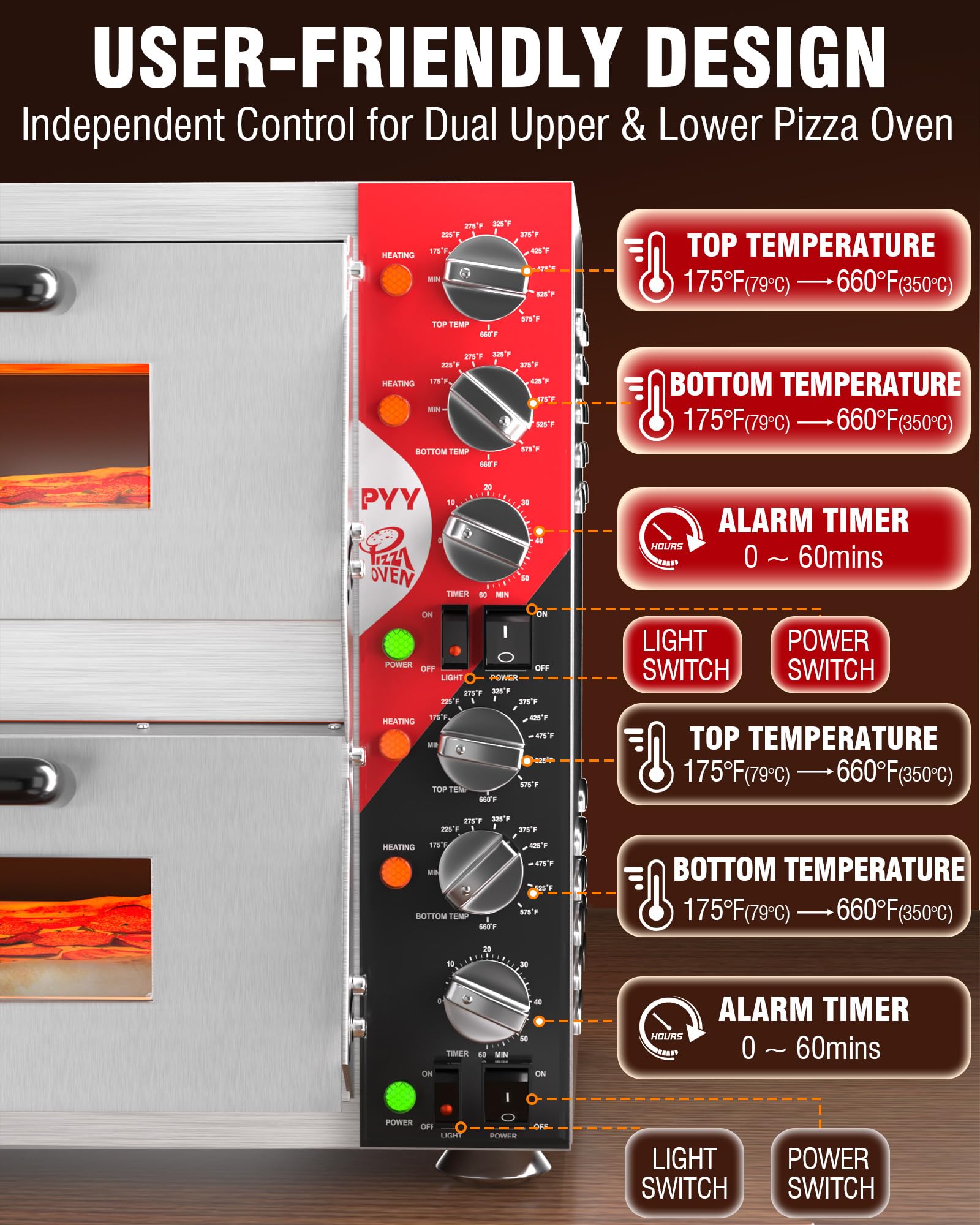 Horno de pizza para interiores de 16 pulgadas, hornos eléctricos de pizza de dos pisos con piedra para pizza, temporizador de anillo de 60 minutos, para el hogar y el restaurante, 3200 W, con 4