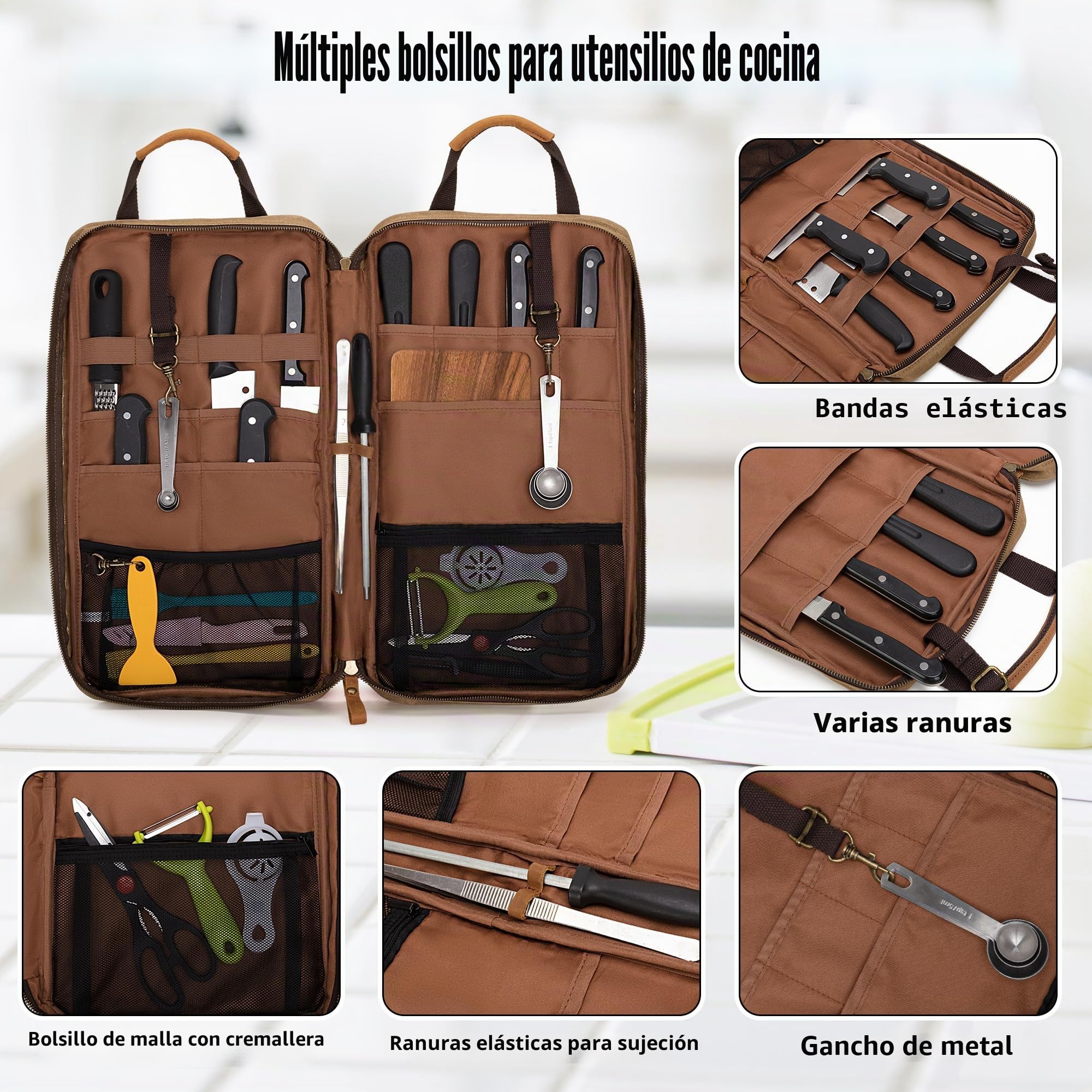 Damero Estuche Cuchillos con 11 Ranuras y 2 Bolsillos de Malla con Cremallera para Utensilios, Bolsa de Viaje para Cuchillos de Chef con Asa y Correa para el Hombro Extraíble, Solo Bolsa