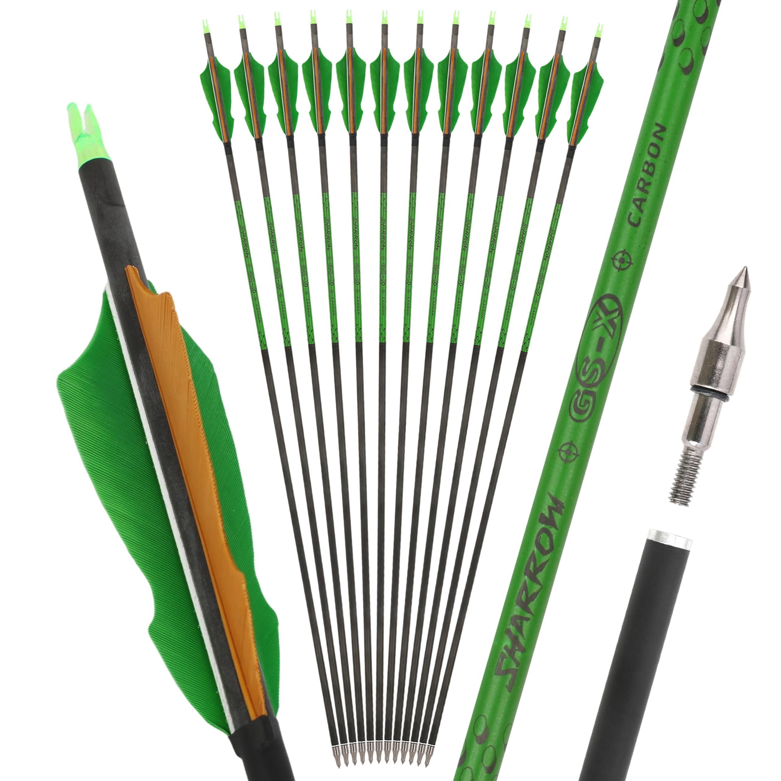 limaity 30 Inch Carbon Arrow with 4-inch Turkey Feathers Spine 300/400/500/600/700/800 Archery Targeting Hunting Arrows for Compound & Recurve & Long Bow (12PCS,Spine700,2 green 1 brown)