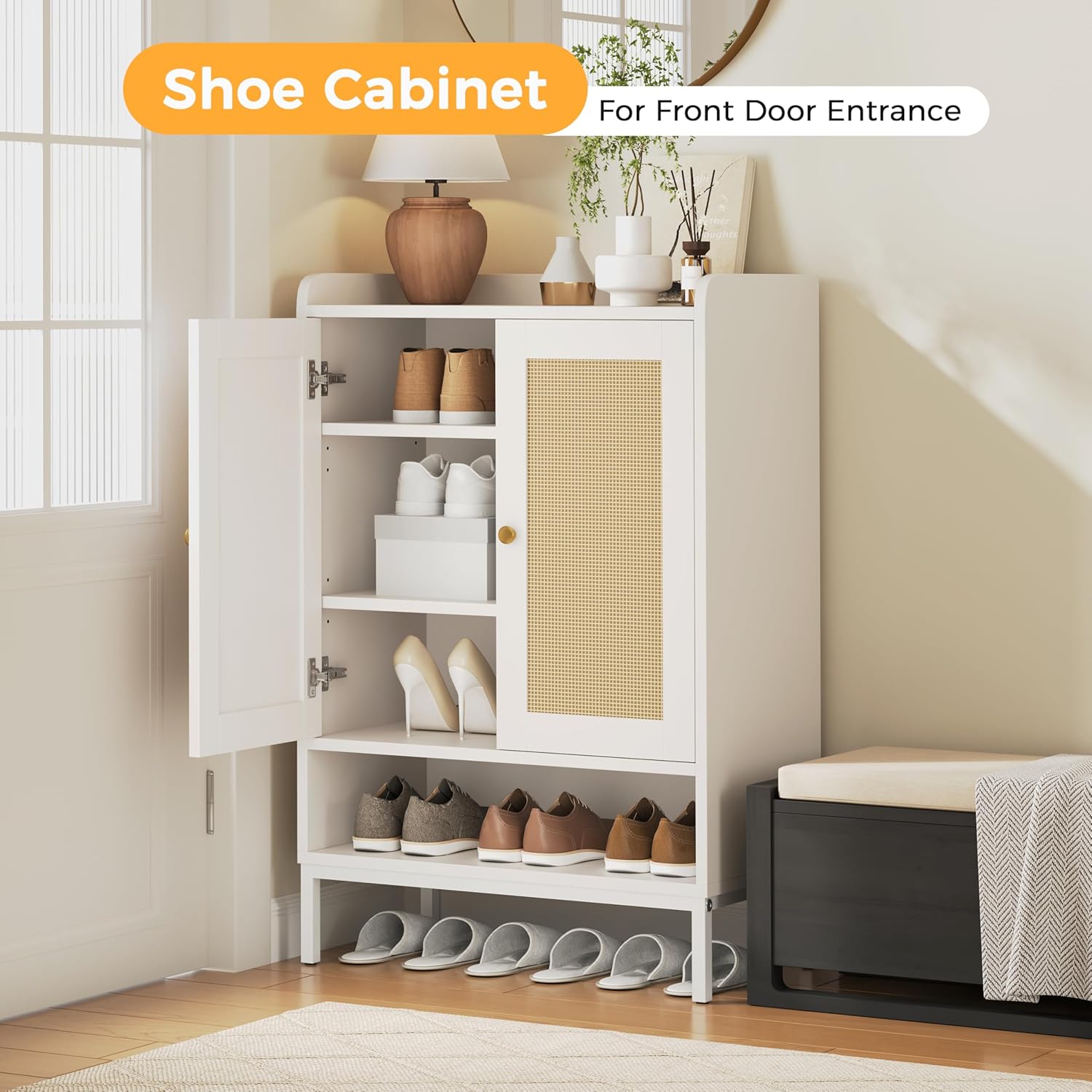 JASIWAY Rattan Shoe Cabinet Storage for Entryway, Shoe Cabinet with Adjustable Shelves for Entryway, 5-Tier, 20 Pair Shoe Rack Storage for Hallway, Closet, Living Room, White - Image 3