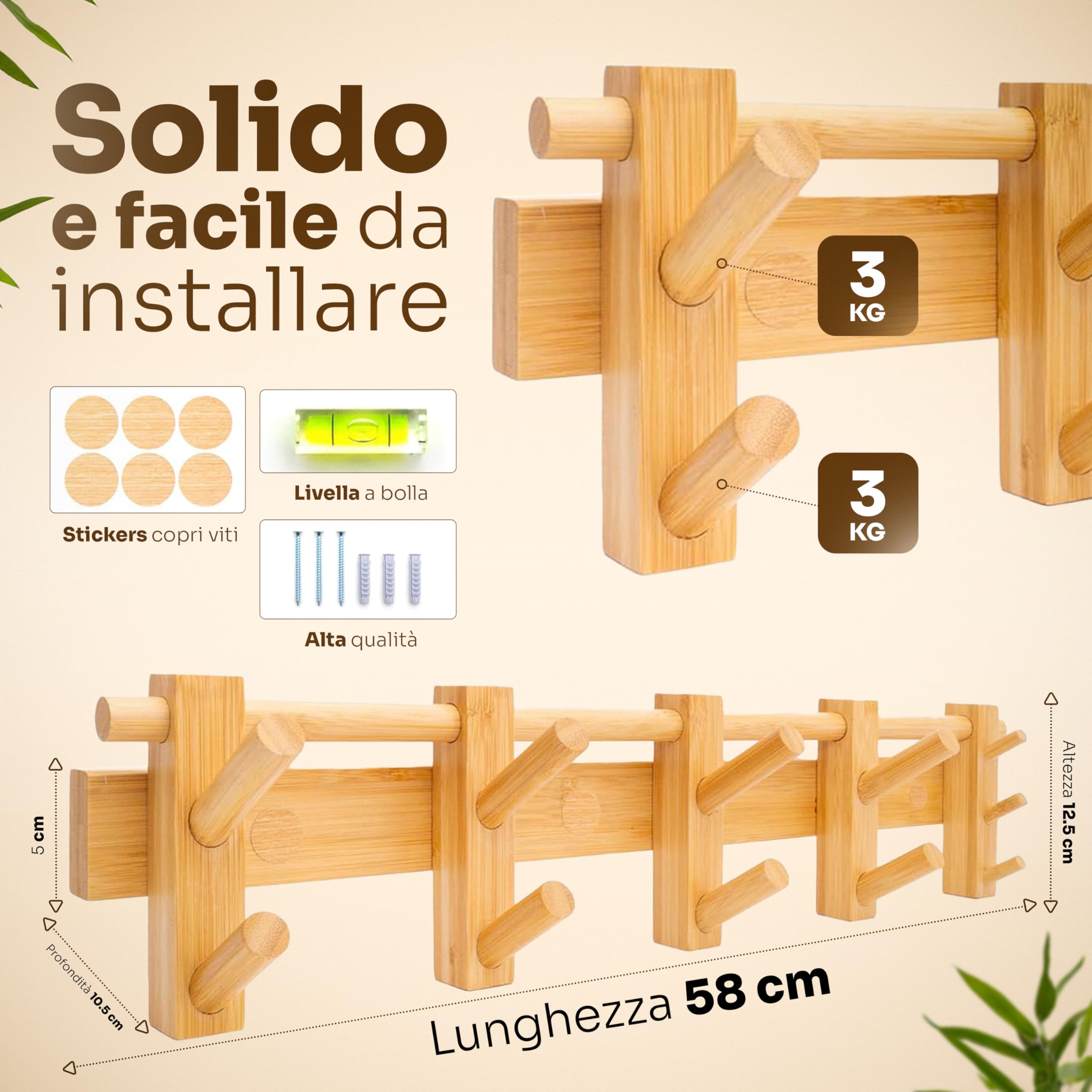 Attaccapanni da parete - 58cm - Appendiabiti da Parete Legno Ecofriendly - 4 Ganci Doppi di cui 2 Mobili - Appendiabiti da Muro - Portachiavi da Parete Design
