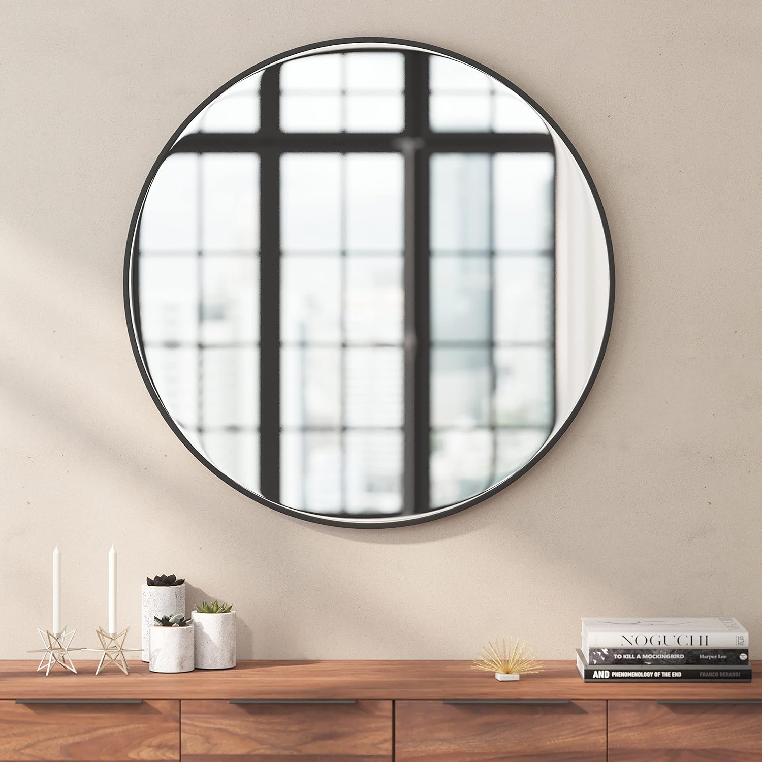 Taylor & Logan Julianne 36" Round Black Metal Framed Wall Mirror - Large Accent Mirror for Bathroom, Vanity, Entryway, Dining Room, & Living Room