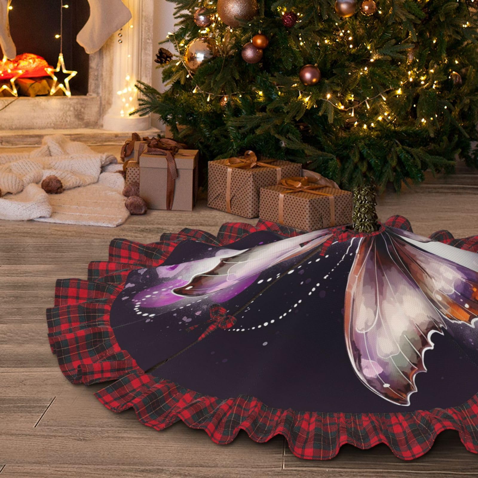 Jupe de sapin de Noël papillon tapis rustique de 120cm pour déco de fête
