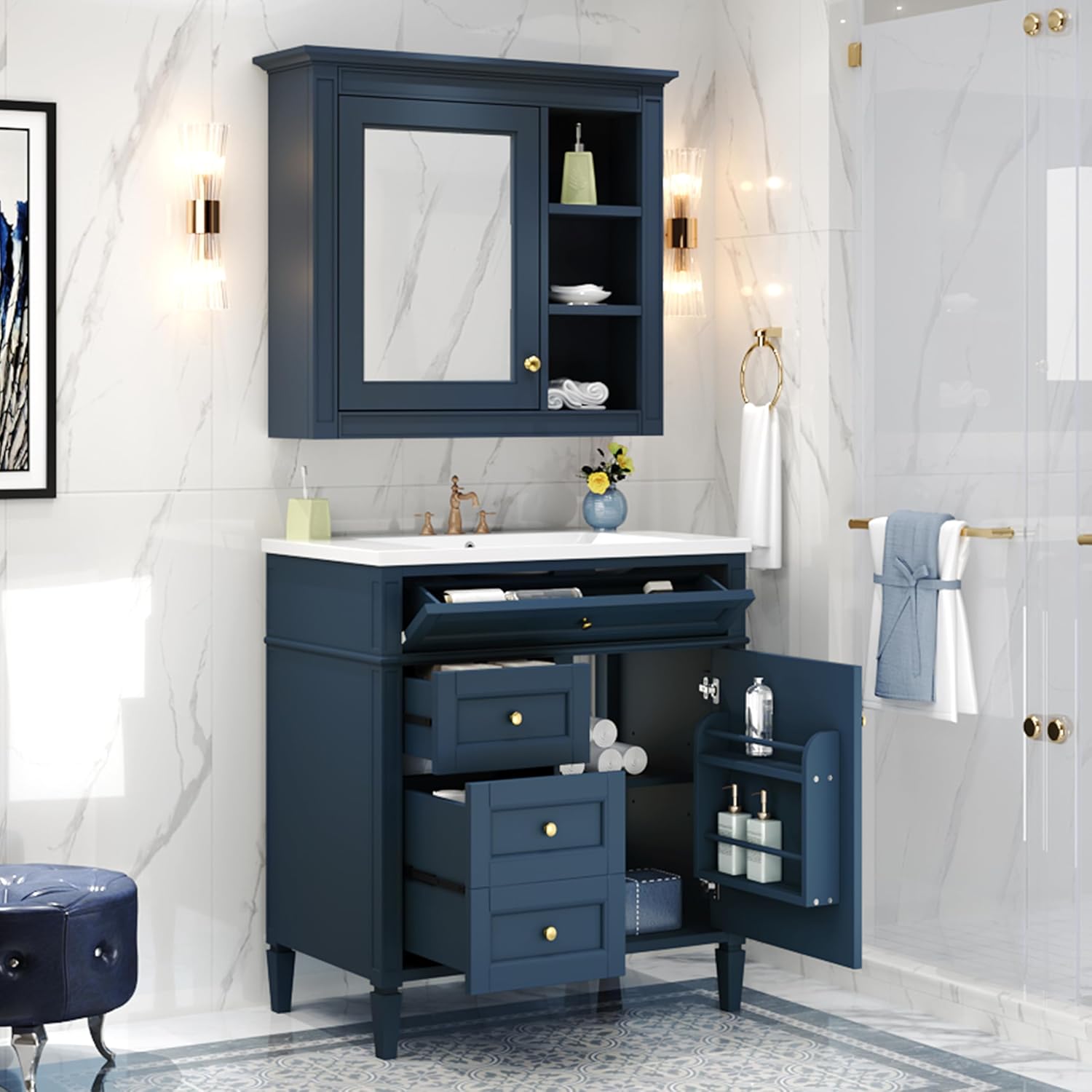 Linique 30" Modern Bathroom Vanity with Mirror Cabinet Combo Set, Blue Ceramic Sink, 2 Drawers & Tip-Out Drawer, Wall-Mounted Medicine Cabinet