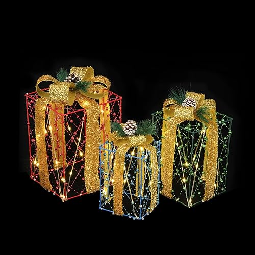 Miniatura 6 de 3 cajas de regalo iluminadas de Navidad, cajas de regalo de Navidad preiluminadas con cintas de cuentas rojas, verdes y azules, 60 luces LED blancas