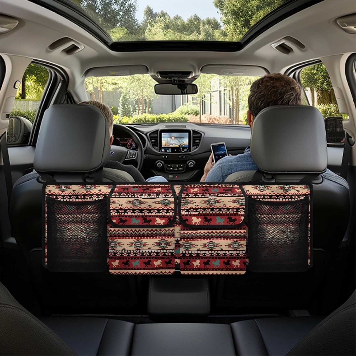 CLOHOMIN Southwest Aztec Horse Car Seatback Organizer Large Capacity Car Trunk Organizer Hanging Car Storage Bags with 4 Pockets Washable Car Trunk Mesh Storage Car Decor
