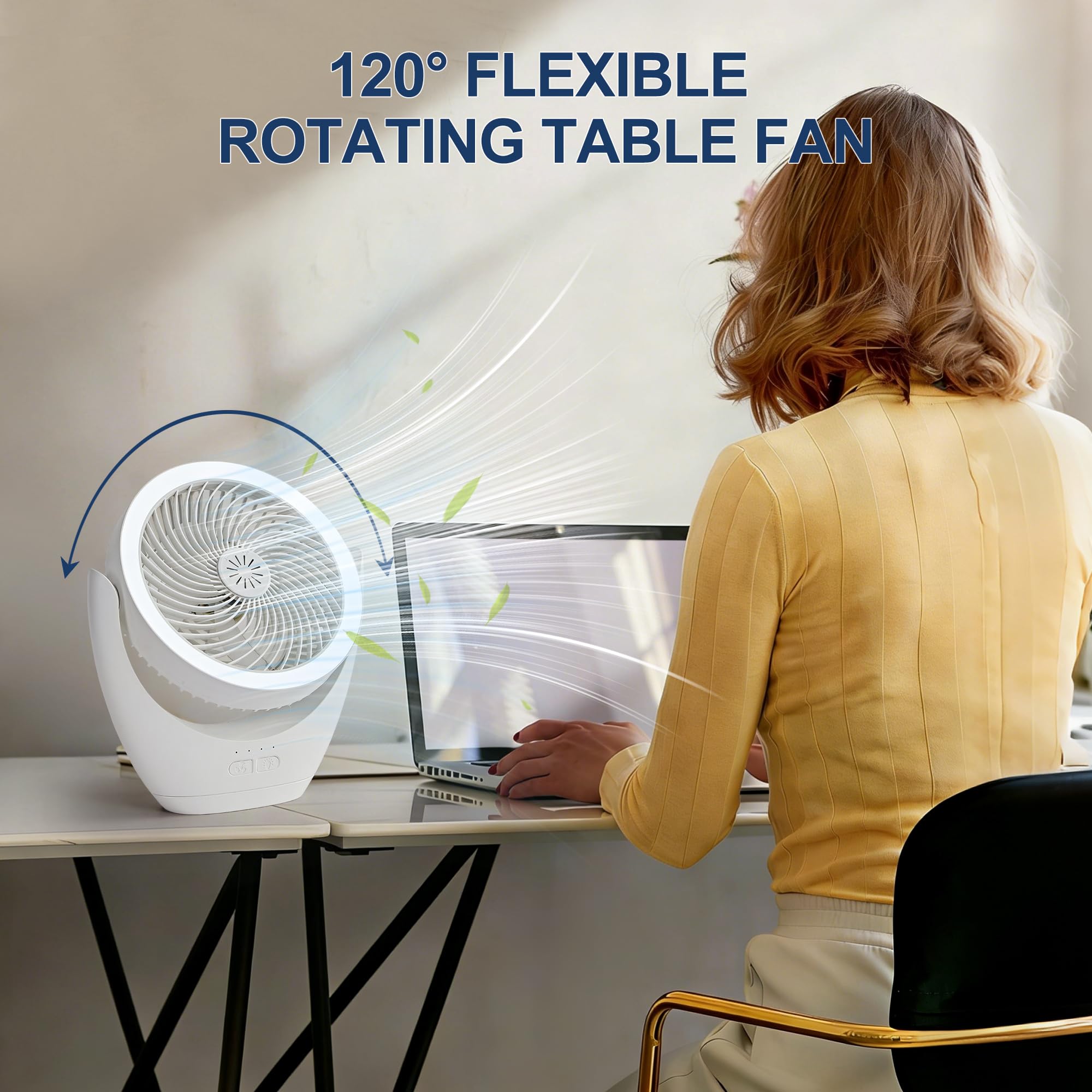 HARPER LIVING Ventilatore da scrivania ricaricabile, ventilatore portatile USB da tavolo con luce LED, ventilatore da tavolo 3 velocità e regolazione continua, regolabile a 120°, piccolo ventilatore