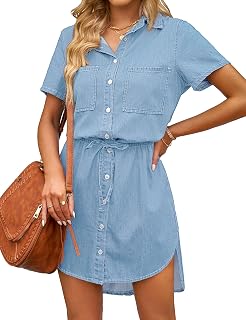 Women Casual Denim Dress Short Sleeve Tie Waist Classic Jean Shirt Dress
