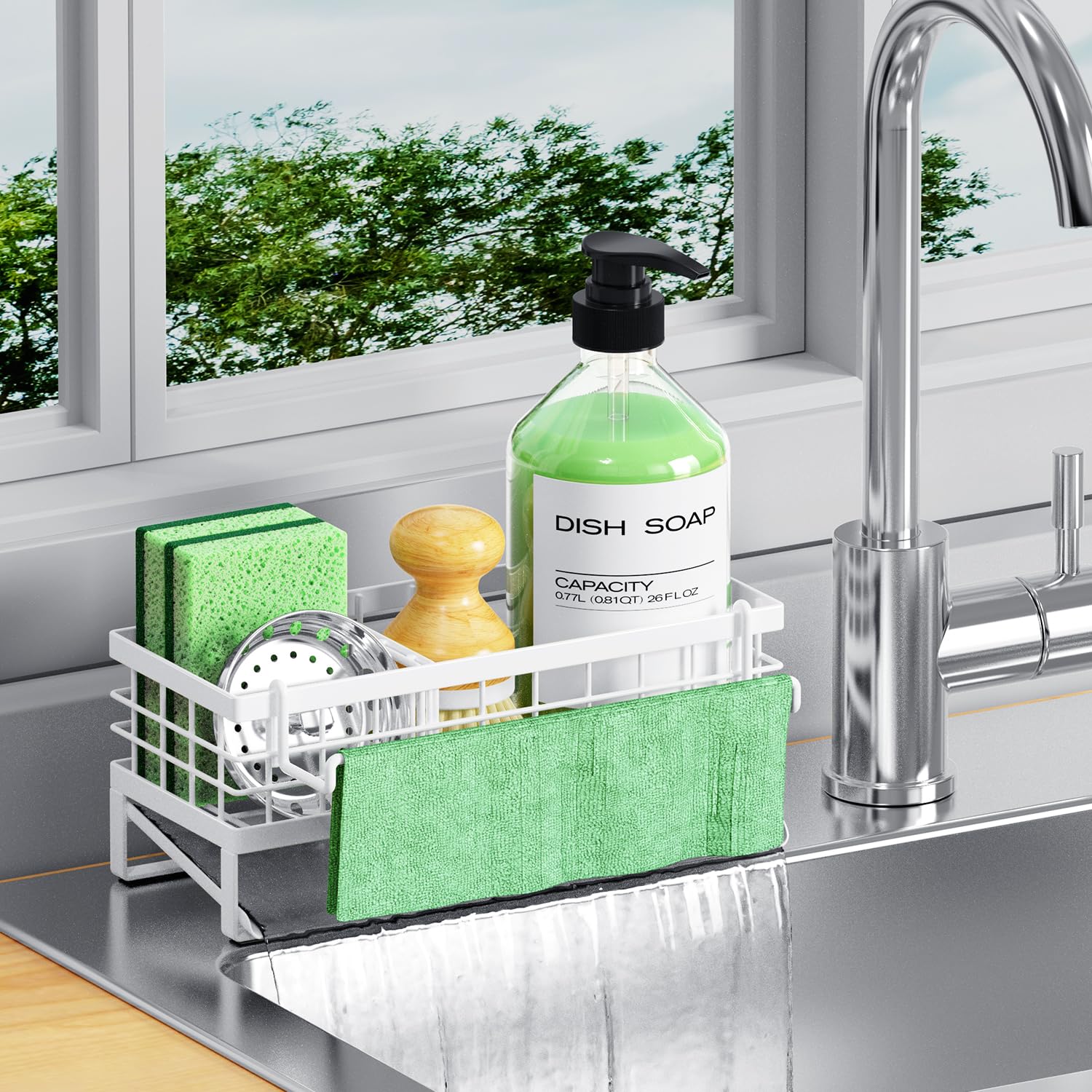 Self-Draining Kitchen Sink Caddy Rustproof Non-Slip Sponge Holder with Detachable Dish Cloth Holder White