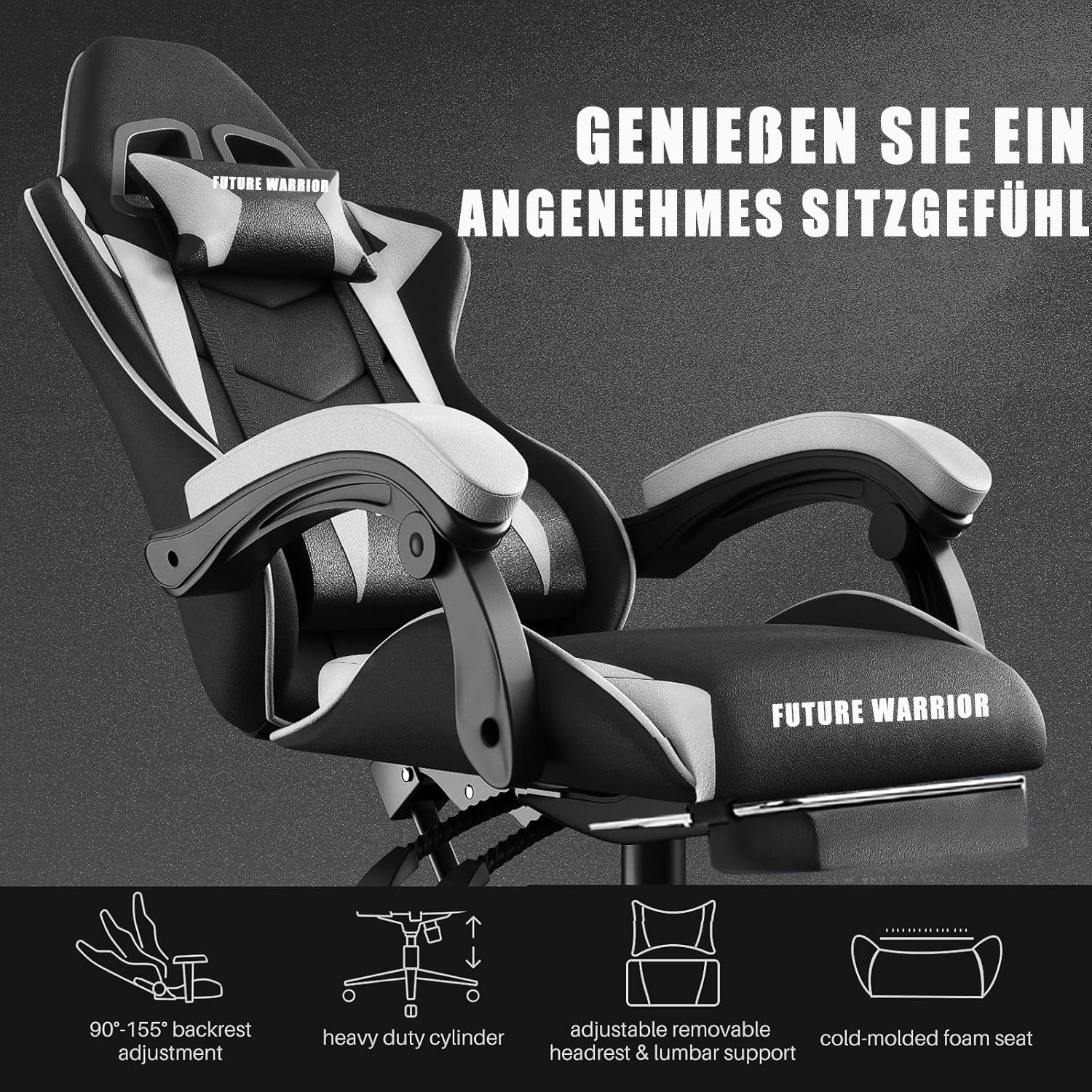 Sedia da gioco ergonomica con poggiapiedi, poggiatesta e supporto lombare, regolabile in altezza, sedia da gioco imbottita, sedia girevole per PC, colore nero (nero-rosso)