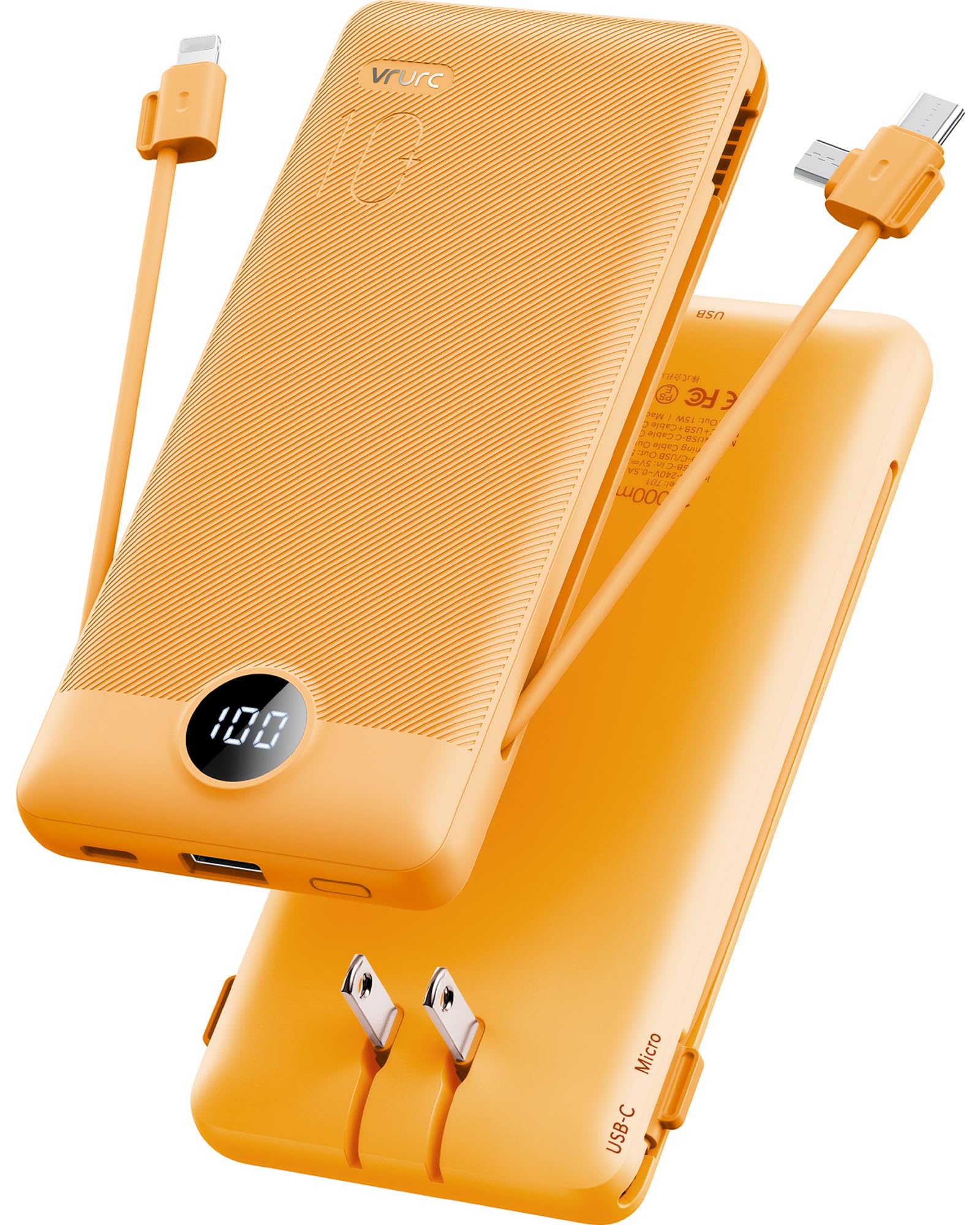 VRURC Portable Charger Built-in Cables and AC Wall Plug, USB C Power Bank 10000mAh, Travel Battery Phone Charger Compact Lightweight External Battery Pack for Smart Phones, Tablets etc-OrangeClimeCo CertifiedCarbonfree Certified