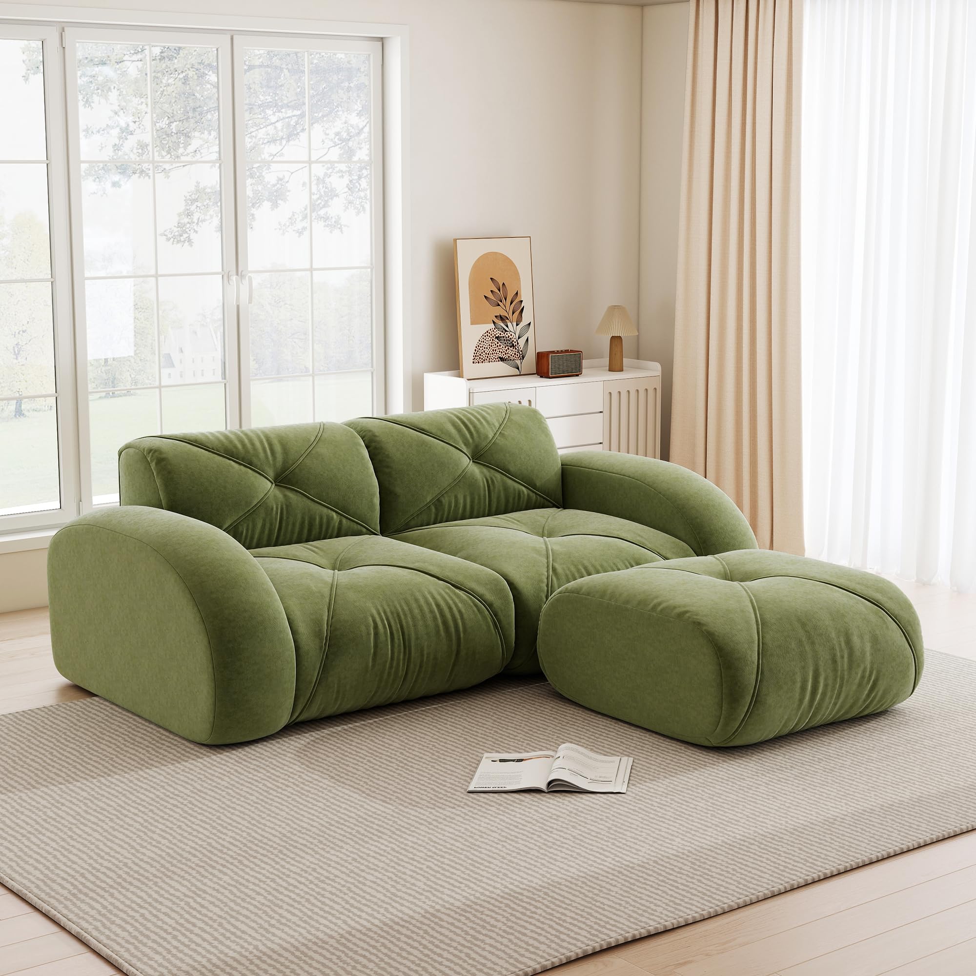 HaoChrymec Modułowa sofa 2-osobowa z pufą szenilową, salon, zielony, 204 x 171 x 76 cm