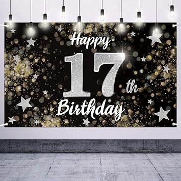 Happy 17th Birthday Decorations,17th Black & Silver Dream Star Large Birthday Banner Backdrop Sign - Cheers to Seventeen Years Old Bday Party Decoration.