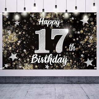 Happy 17th Birthday Decorations,17th Black & Silver Dream Star Large Birthday Banner Backdrop Sign - Cheers to Seventeen Years Old Bday Party Decoration.