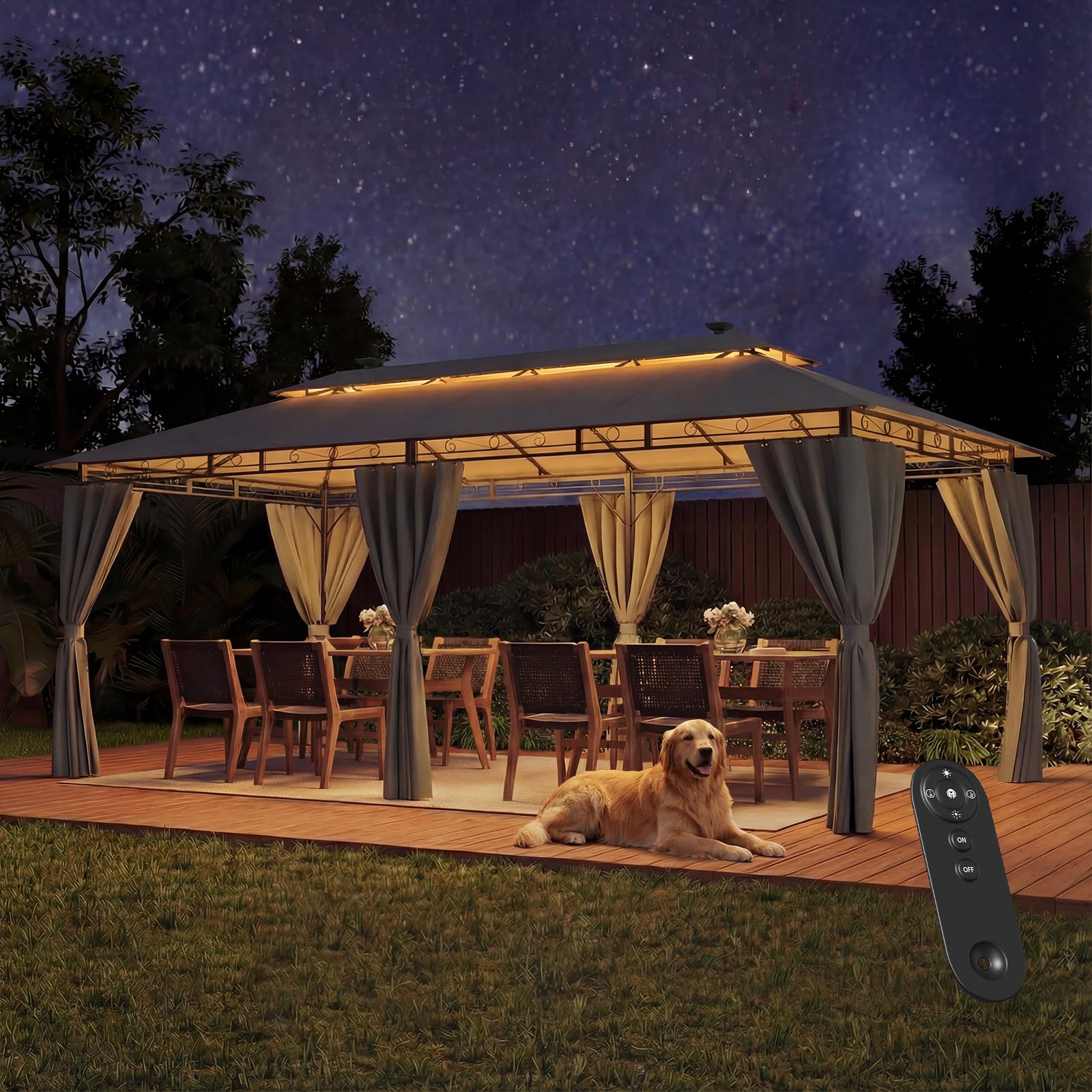 JUMMICO Tonnelle de Jardin 3x6 avec Éclairage Solaire, Toit Double Couche, Structure Métallique Robuste, Résistant au Vent, à la Pluie et aux UV, Abri pour Fêtes et Réceptions de 6 à 10 Personnes Gris