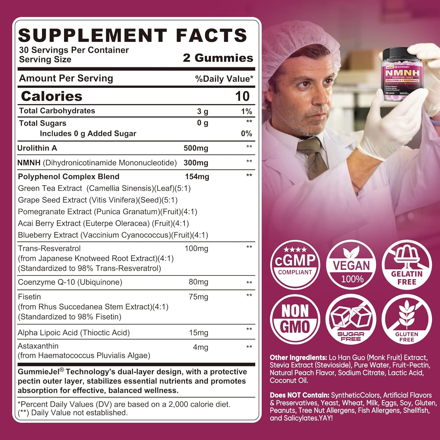 NMNH Gummies 300MG for Longevity with Urolithin A, Polyphenol Blend, Resveratrol, NAD+ Supplement for Women & Men Boost NAD+ Levels, Optimized Aging, Cell, DNA Repair, Energy, Focus, Sugar Free, 60cts - Image 2