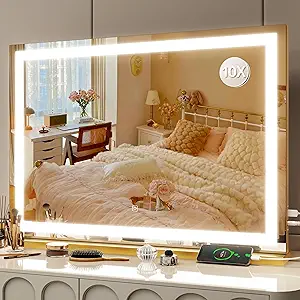 FENNIO Vanity Mirror with Lights 32"x22", Lighted Makeup Mirror, Large Vanity Mirror, Touch Sensor with 3-Color Lighting, 10X Magnification and USB Charging Port for Vanity Desk(Square Gold)