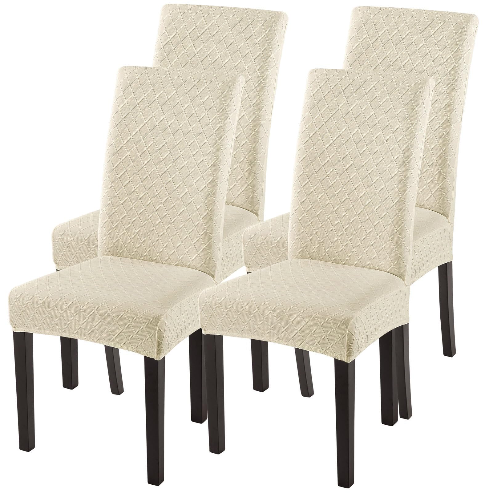 SearchI Dining Room Chair Covers Set of 4, Stretch Jacquard Parsons Chair Slipcovers Super Fit Removable Washable Kitchen Chair Protector Cover for Dining Room, Hotel, Ceremony (Beige Rhombus)
