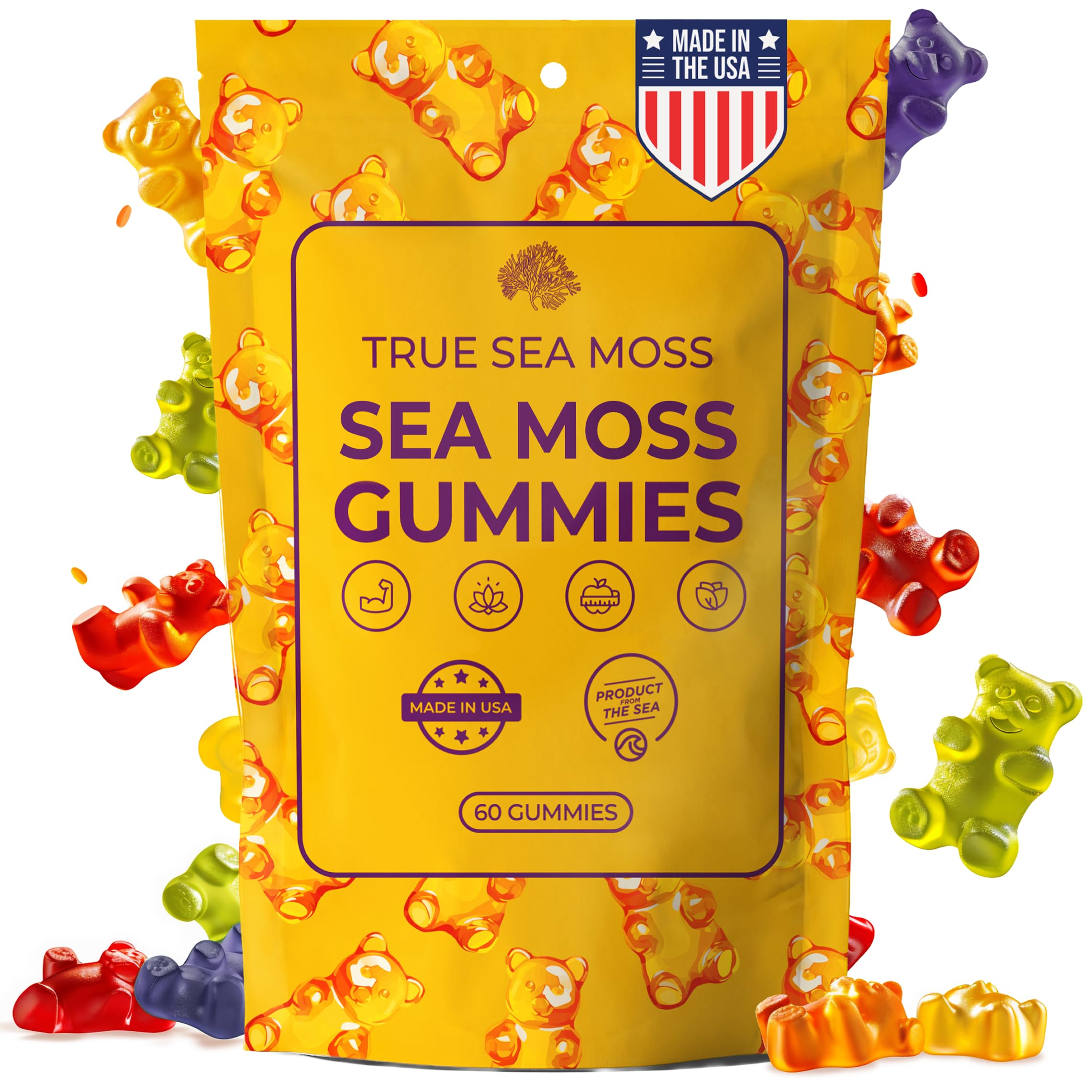 TrueSeaMoss Sea Moss Gummies with Bladderwrack & Burdock Root – Vegan Formula for Adults & Kids – Fruity Flavor – 60 Gummies (Pouch May Vary)