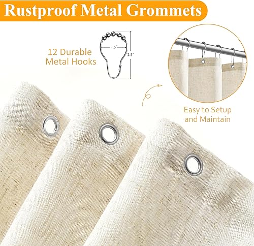 Miniatura 6 de Naturoom Cortina de ducha de lino natural, decoración de baño estilo bohemio campestre, cortinas de ducha beige para baño, tela neutra con textura