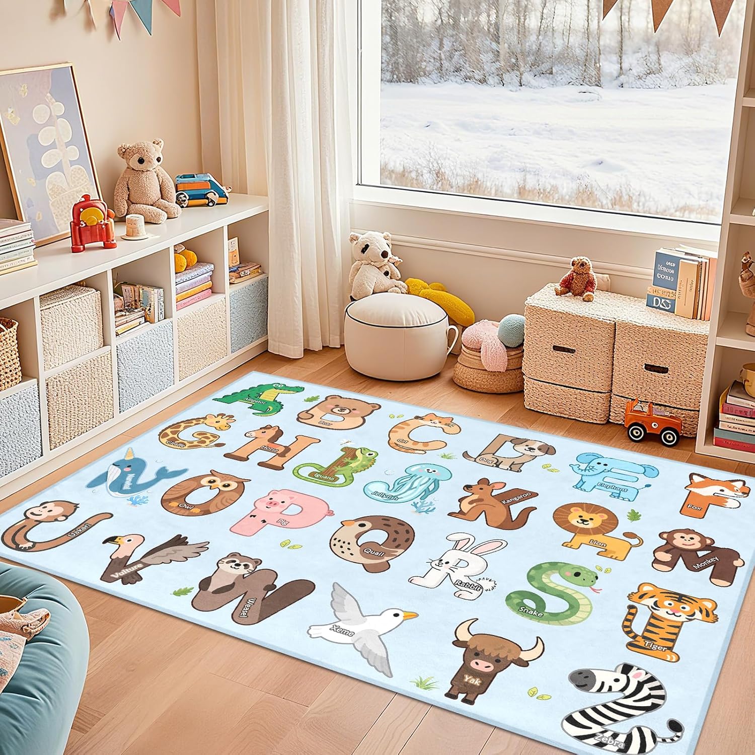 Kids Rugs for Playroom - 2.5x4 Feet ABC Rug for Toddler Children Educational Learning Animal, Alphabet Rug Kids Play Mat Nursery Bedroom Kindergarten Decor, Blue