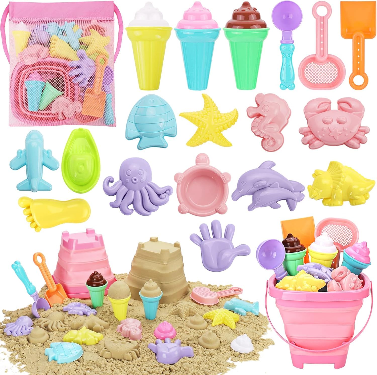 KAHEIGN Ice Cream Beach Toys, Sand Castle Toy Ice Cream Sand Toy with Collapsible Bucket Shovels Mesh Bag, Travel Toys for Toddlers Kids Baby Boys Girls Age 3-10