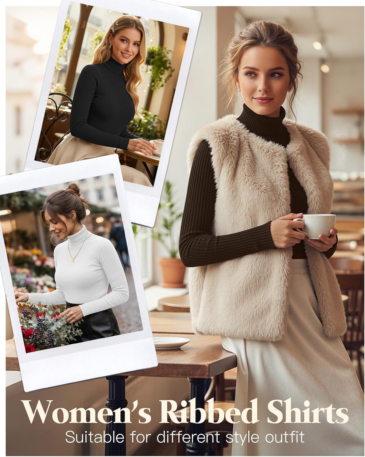 3 Pack Women’s Ribbed Turtleneck Tops Long Sleeve Cotton Stretch Shirts Slim Fit Base Layer Undershirt Tees(Black, White, Brown,Medium) - Image 3