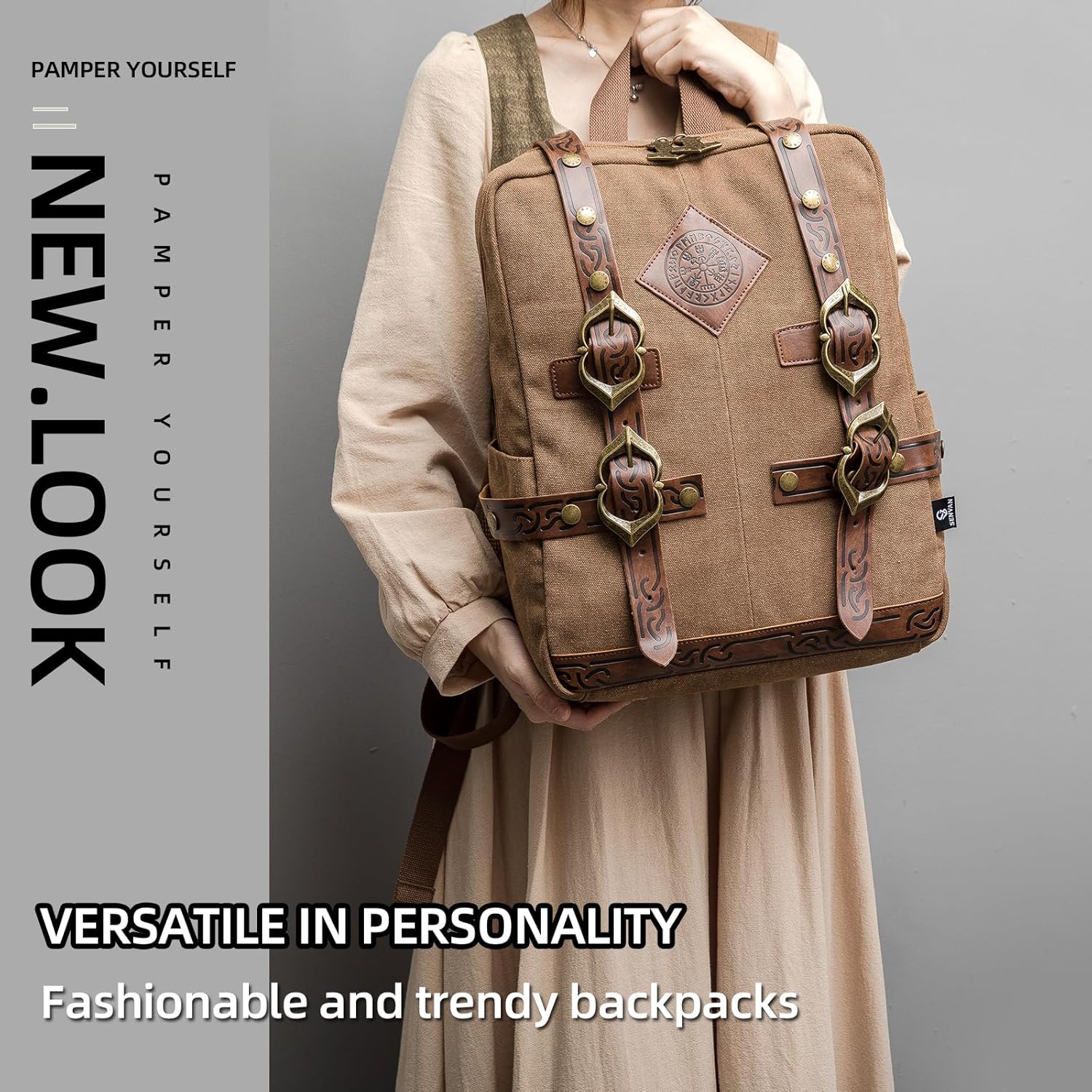 SV SENVAN Viking Steampunk Leather Backpack – Medieval LARP Renaissance Bag with Metal Accents, Brown Embossed Canvas for Outdoor Travel & Cosplay
