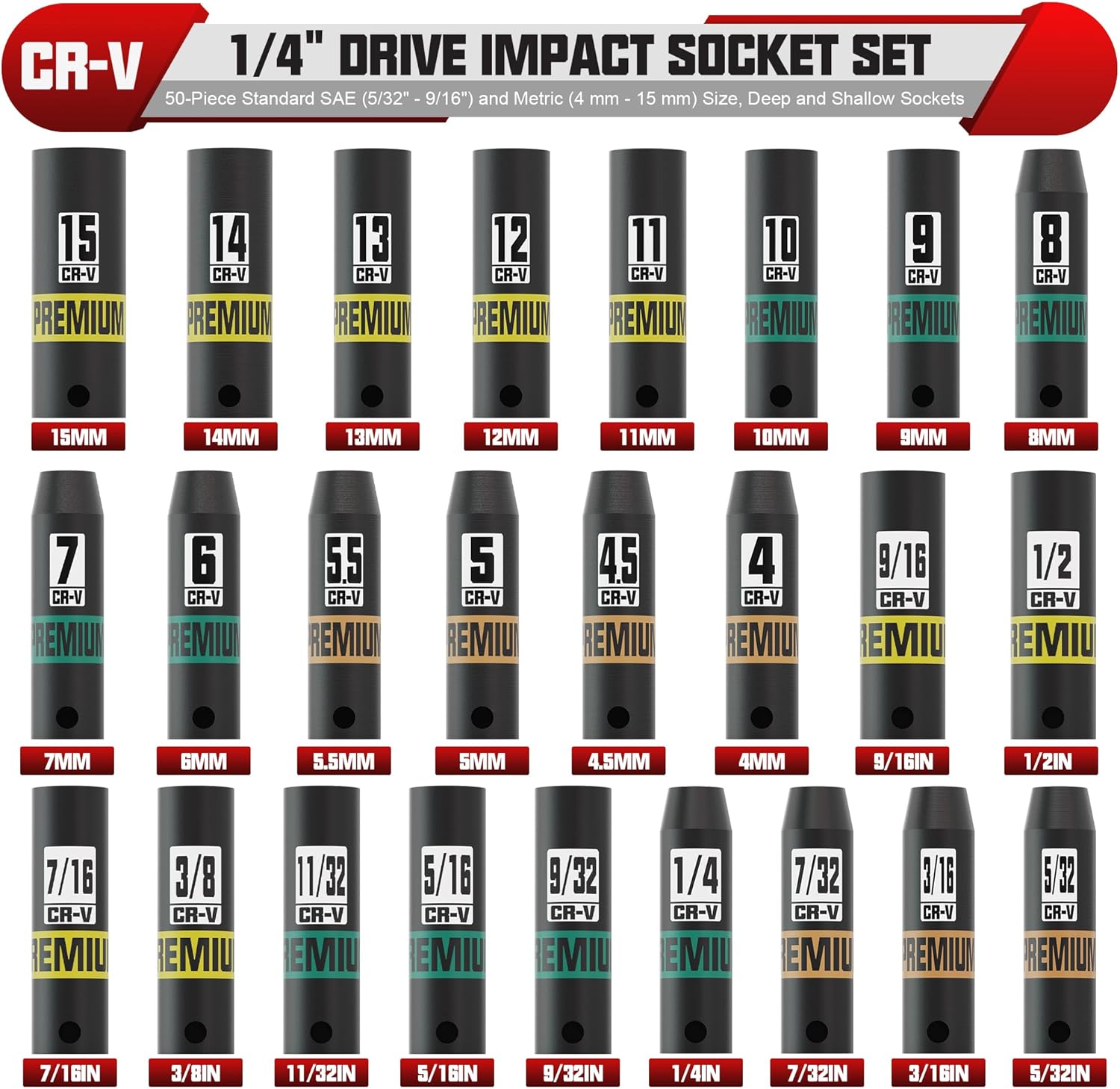 1/4" Drive Impact Socket Set, 50-Piece Standard SAE (5/32" - 9/16") and Metric (4 mm - 15 mm) Size, Deep and Shallow Sockets, Cr-V Steel, 6 Point, Auto Repair Bicycle Maintenance