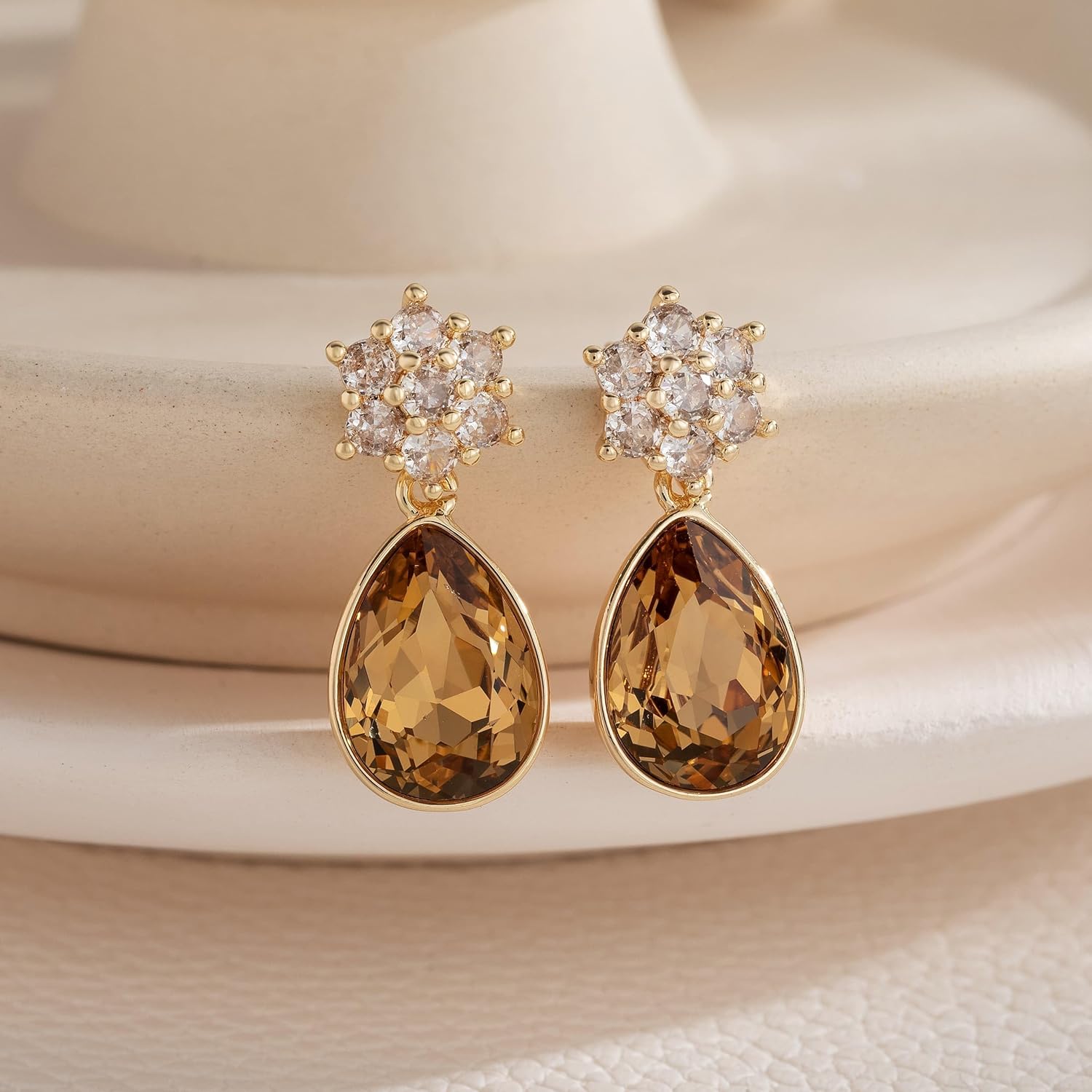 Elegant Austrian Crystal Teardrop Dangle Earrings for Women,14K Gold Plated Flower Drop Earrings Jewelry Gift for Birthday Wedding Anniversary - Image 4