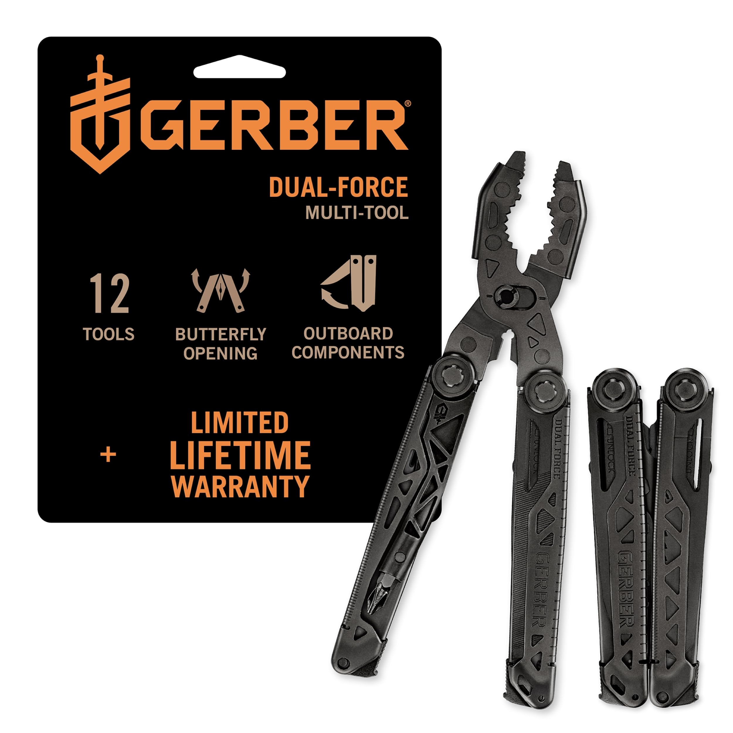 Gerber Gear Dual-Force Multitool - Heavy Duty, Center Axis Driver, Blunt Nose Pliers with Saw, Wire Cutters, Bit Storage, and More - Black