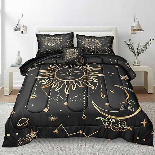 Edredón de sol y luna, tamaño Queen, edredón negro y dorado, diseño Shabby Chic Sun Moon Decoración del hogar, ropa de cama bohemia mandala con 1