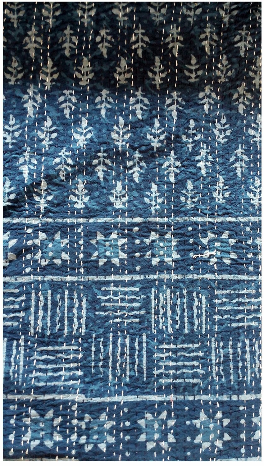 Sophia-Art Indian Blue Indigo Color Hand Block Rural Pure Printed Kantha Quilt, Queen Size Patchwork Cotton Bedspread, (Blue)