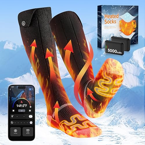 Bopoid Heated Socks with App Control, 5000mAh*2 Heated Socks for Men Women, Electric Socks Rechargeable with 3 Warming Levels, 360° Heating Socks Feet Warmer Washable for Hunting, Skiing, Outdoor - Large