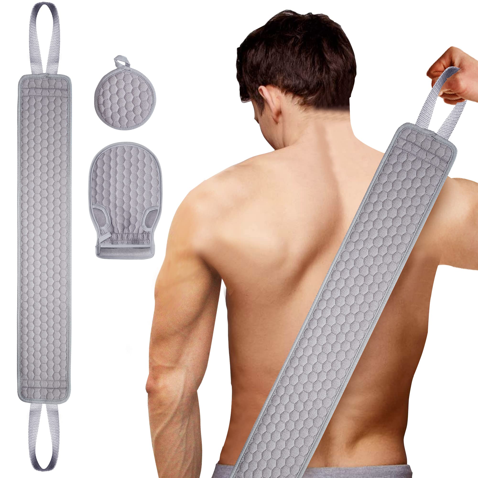 2 Pack Beige and Gray Back Scrubber Set for Women and Men, Includes 2PCS Loofah Back Scrubber, 2 PCS Sponge Pad and 1PCS Exfoliating Glove for Shower (32.5 * 3.5 inch & 36.5 * 4.5 inch)