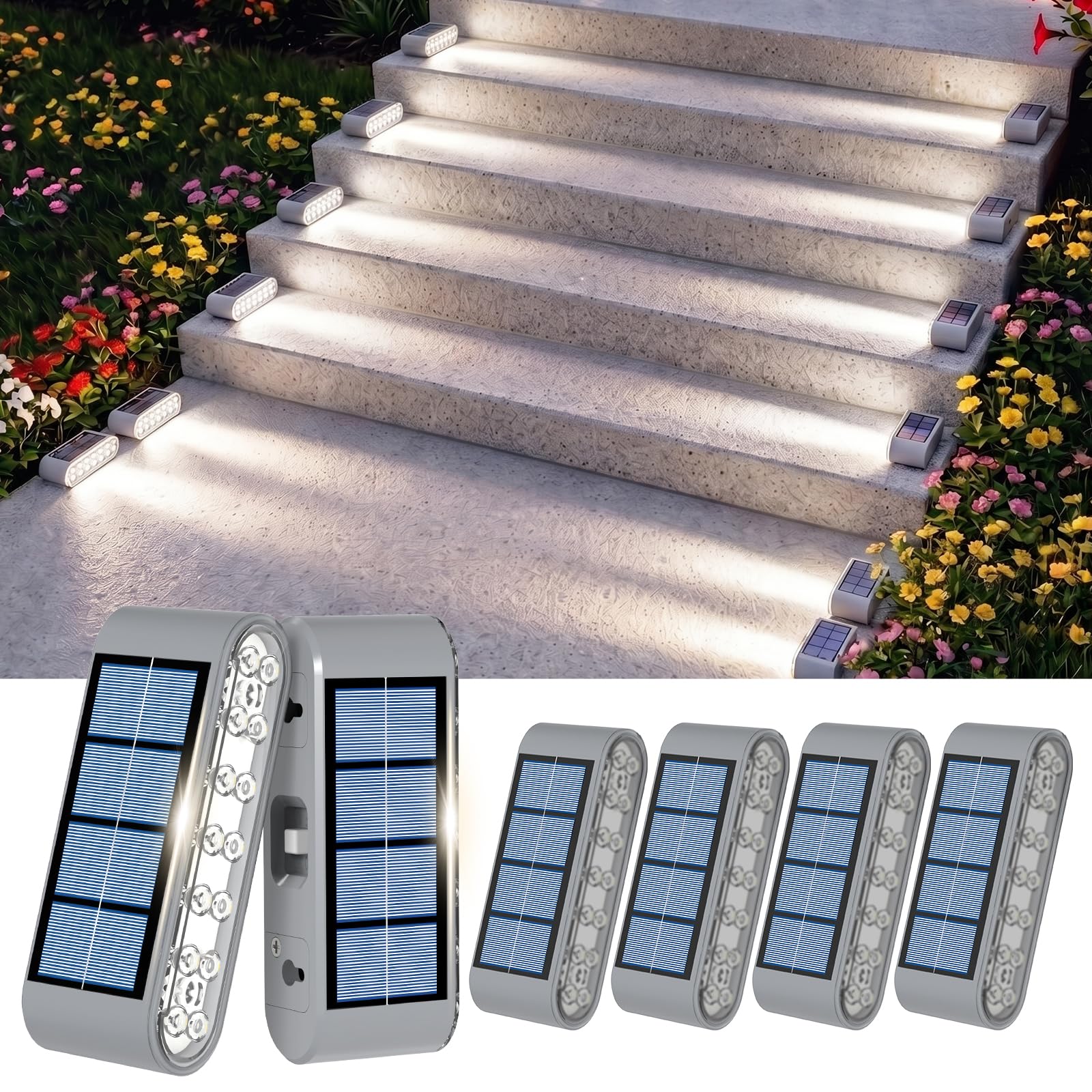 Lot de 6 lampes solaires d'extérieur étanches IP67 14 LED blanc froid pour escaliers, terrasses, patios