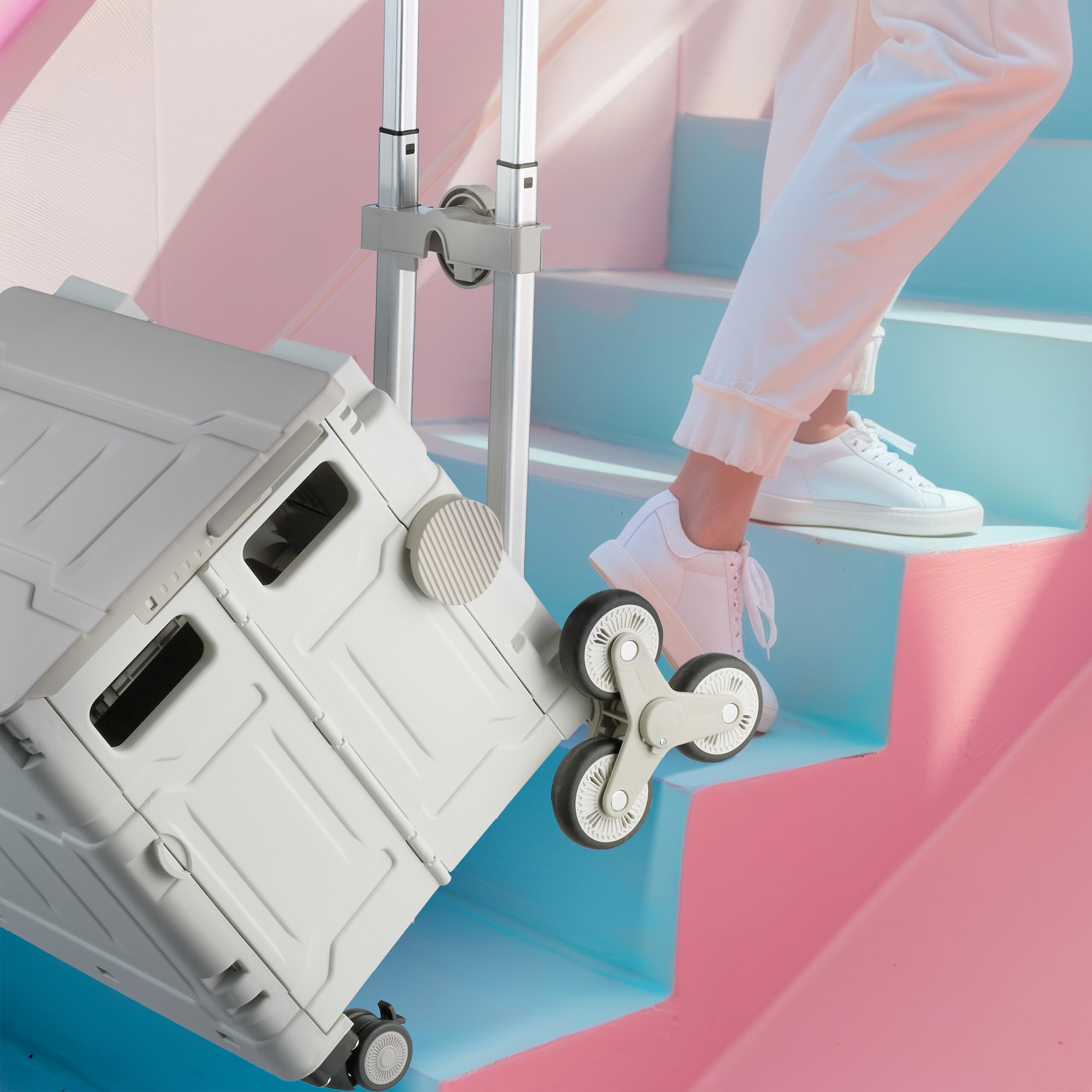 Relaxdays Carro Compra Plegable, Cesta con Ruedas Subeescaleras, Tapa, Asa Telescópica, hasta 50 kg, Blanco/Gris