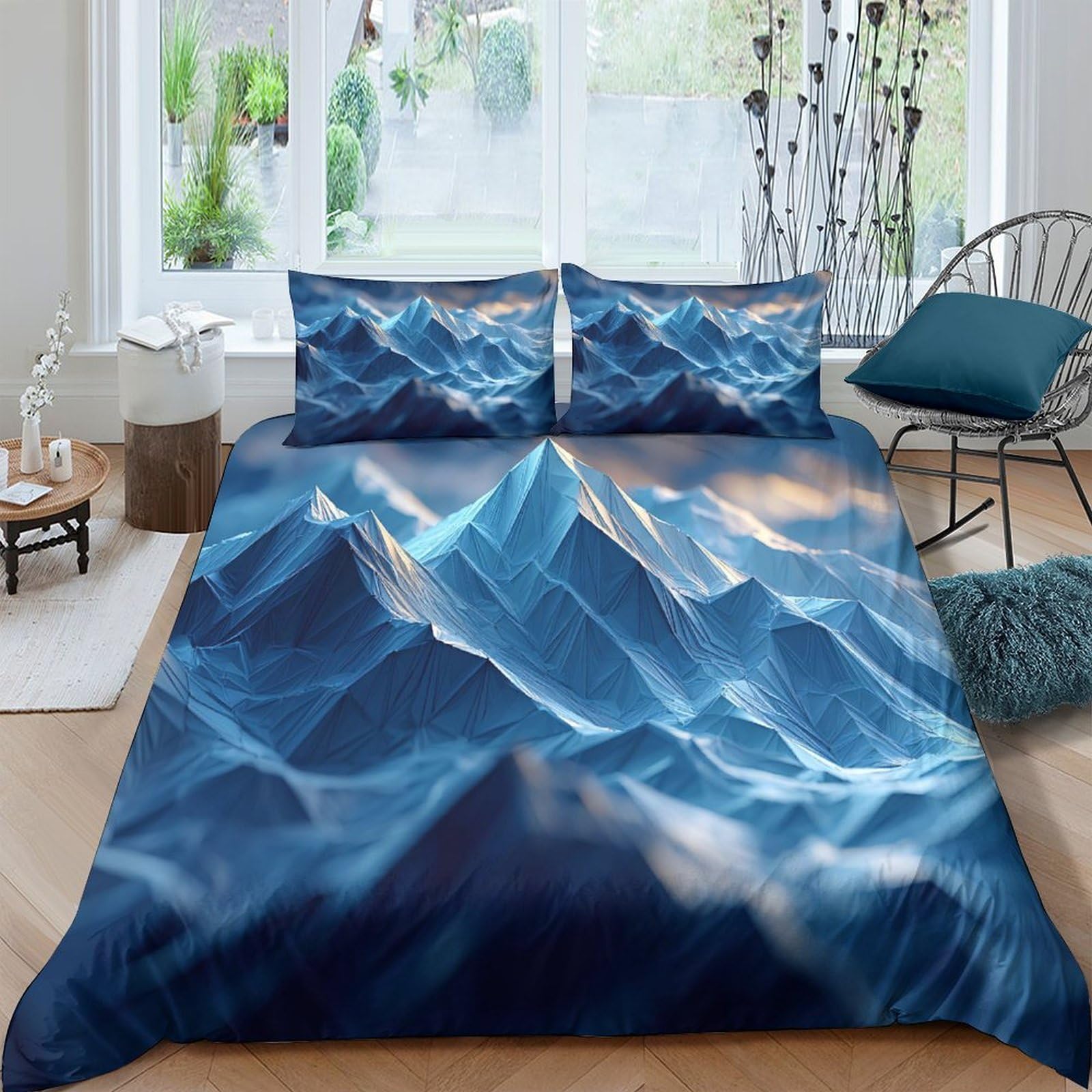 GPLZQXKJNH 3D Printed Ocean Wave Duvet Cover Microfiber Blue Mountain Bedding Set with 2 Pillowcases for Bedroom Décor Single（135x200cm）