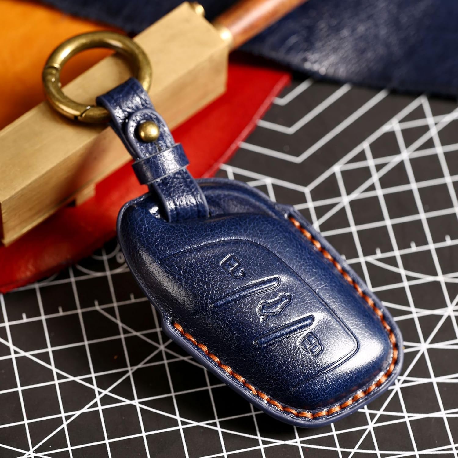 HIBEYO 3 Button Key Fob Cover for MG ZS EV MG6 EZS HS EHS MG6 Marvel X Marvel R for Roewe I5 I6 RX3 RX5 RX8 ERX5 EI5 Accessories with Keychains Leather Car Key Case Cover Protector-Blue