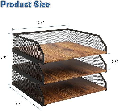 Miniatura 2 de Natwind Bandeja de papel apilable de 3 niveles, organizador de escritorio de malla metálica, clasificador de papel, bandejas para cartas, estante de