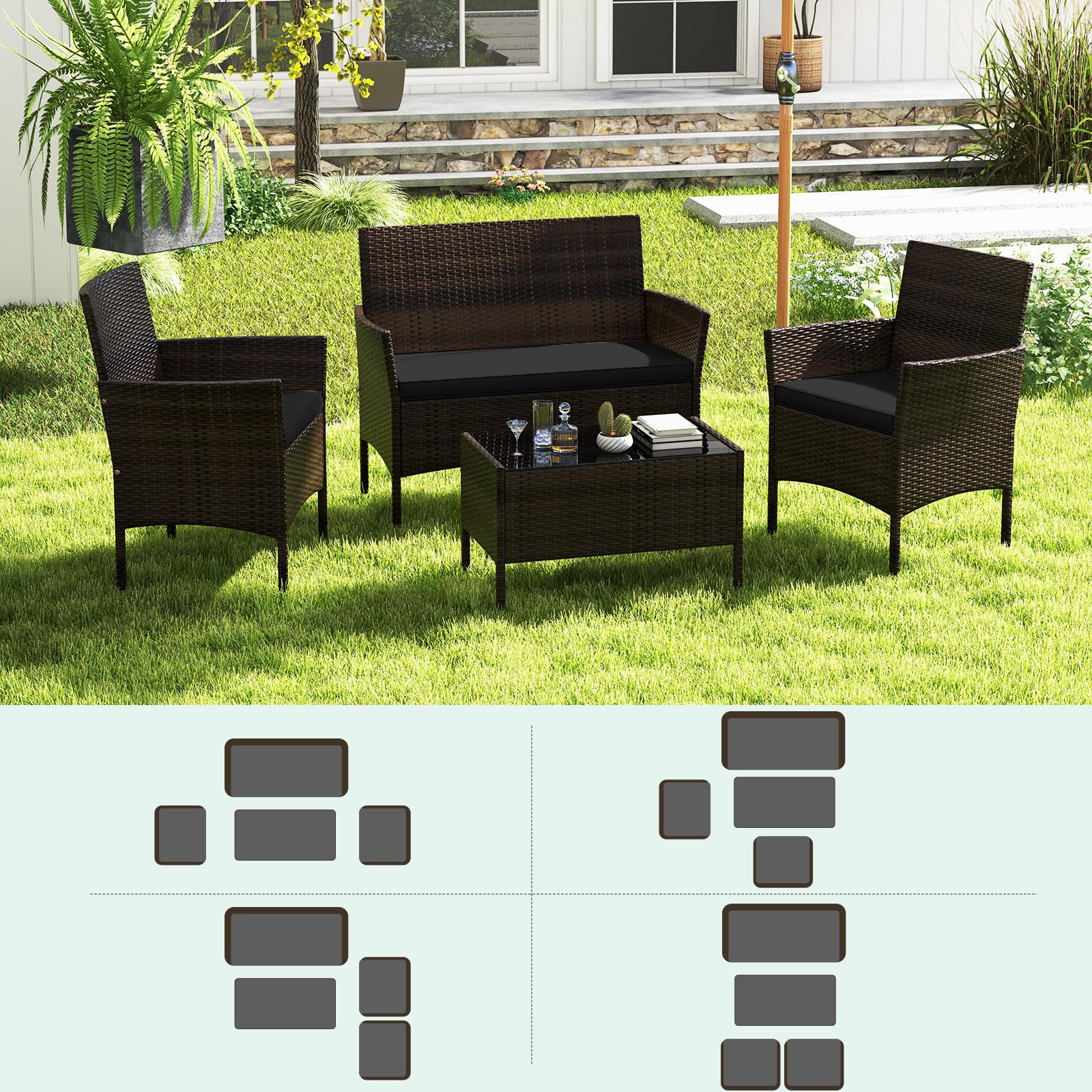 Giantex Set di mobili da giardino in rattan, 4 pezzi, con divano a 2 posti, tavolo e 2 sedie, mobili da terrazza con cuscini per 4 persone, per esterni, per balcone, terrazza e giardino (nero)