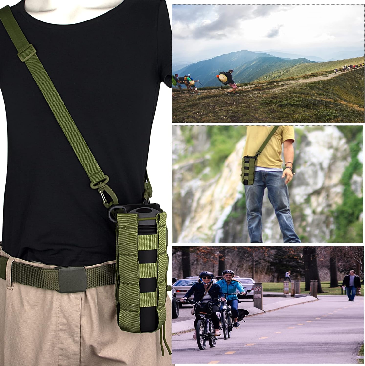 bvya Adjustable Tactical Water Bottle Holder Pouch, Drawstring Top Closure Sports Bottle Pouch with Shoulder Strap - Image 6