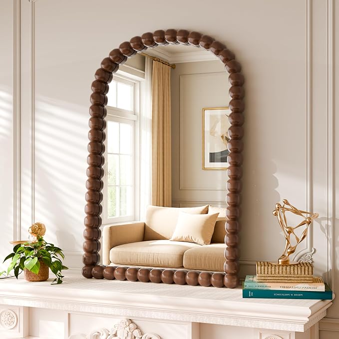 24"×36" Brown Arched Bathroom Vanity Mirror, Vintage Beaded Decorative Wall Mounted Makeup Mirror, as Wall Decor Hanging Leaning for Fireplace Mantle, Living Room, Bedroom, Vanity Area
