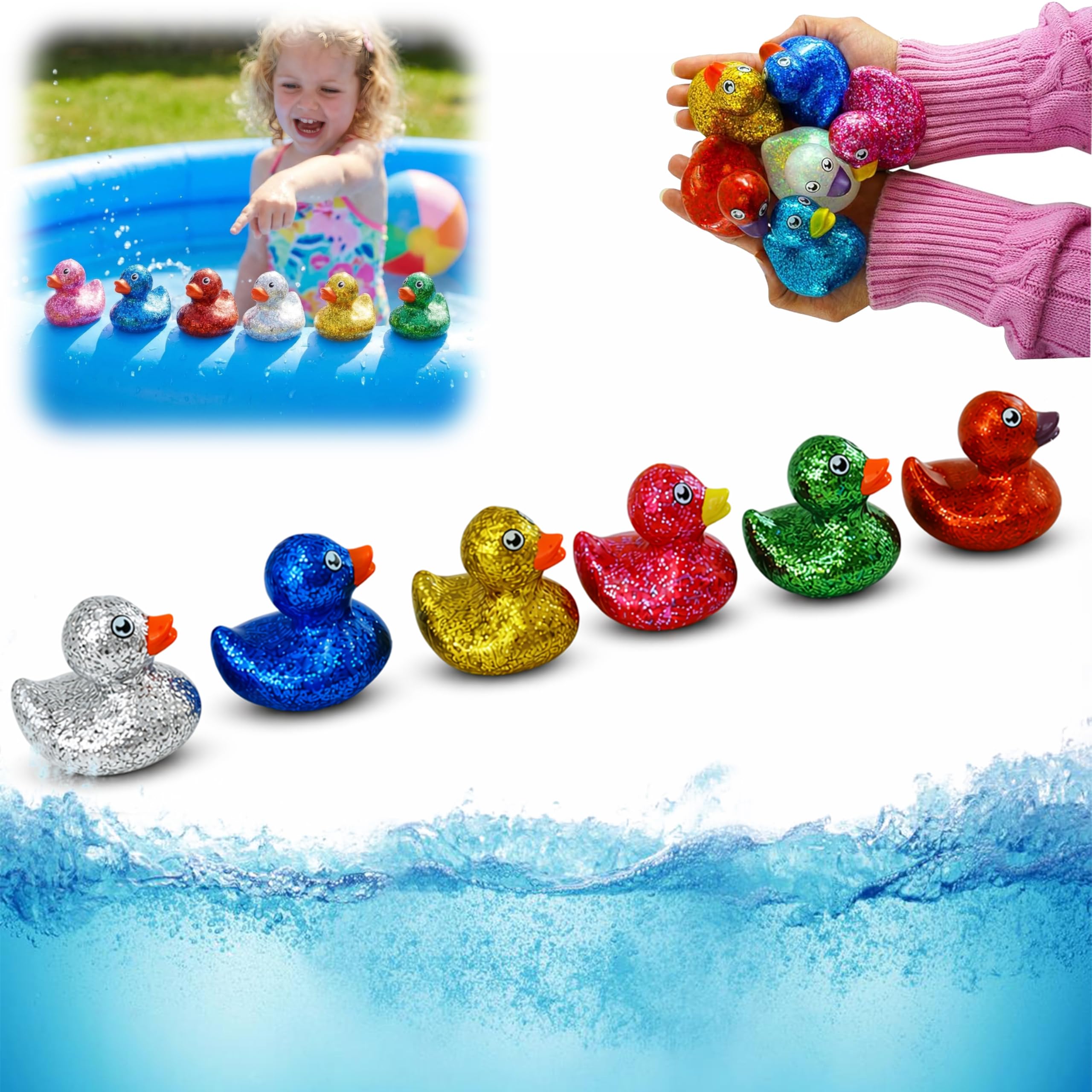 3x Random Color Floating Plastic Duckies 5cm - Glitter Small Ducks Bathtub Toys, Birthday Party Baby Shower Supplies, Duck Toys for Kids 1+ Years