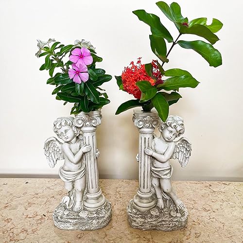 Miniatura 5 de Estatua de ángel con luces solares (izquierda) de 19.7 pulgadas, estatua solar de jardín de ángel para exteriores con pilar de Roma para decoración