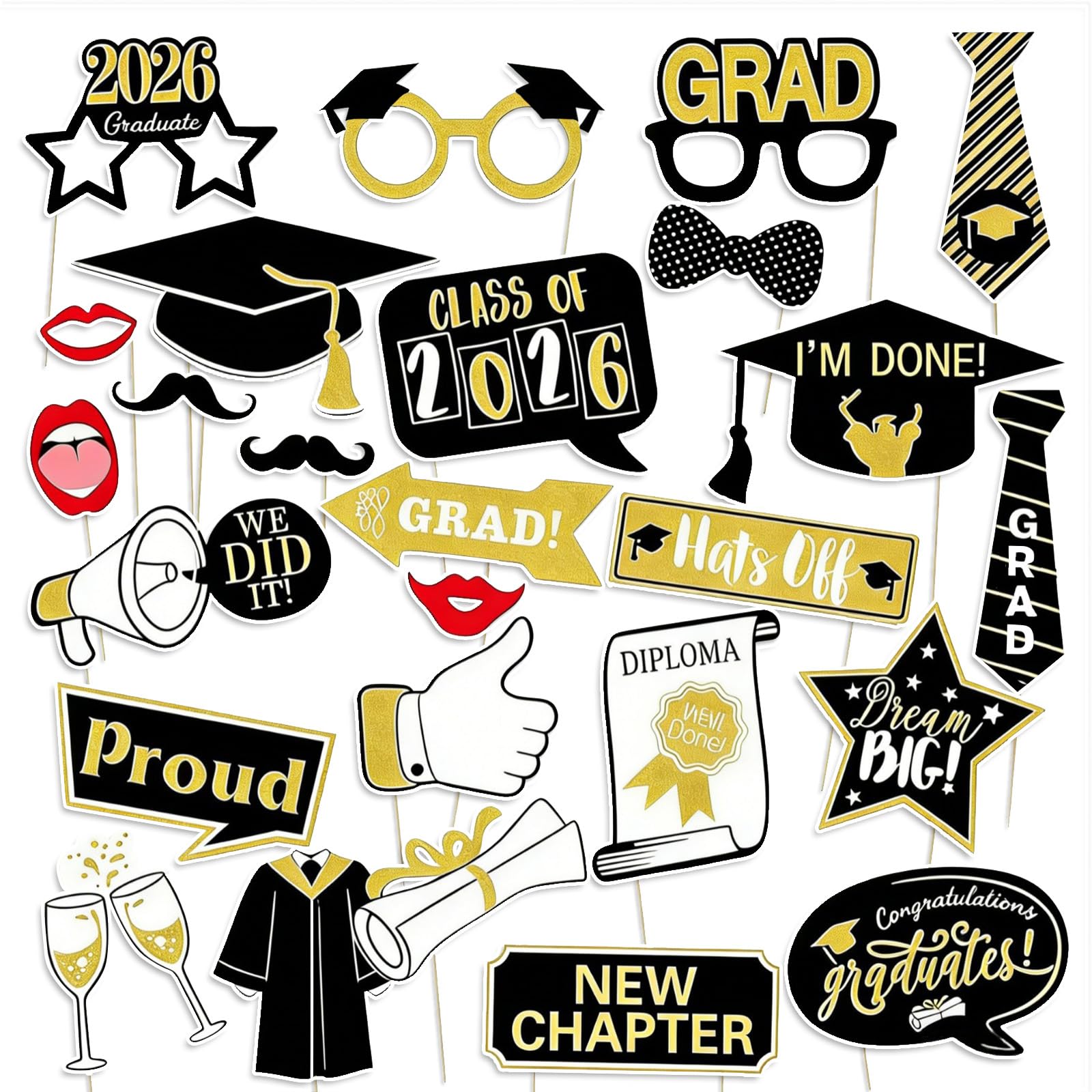 26 pcs Graduation Photo Booth Props Set Graduation Decorations Class of 2026 Paper Props Accessories With Caps Glasses Mustache Lips Diploma Tie for Party Photos School Family Celebrations