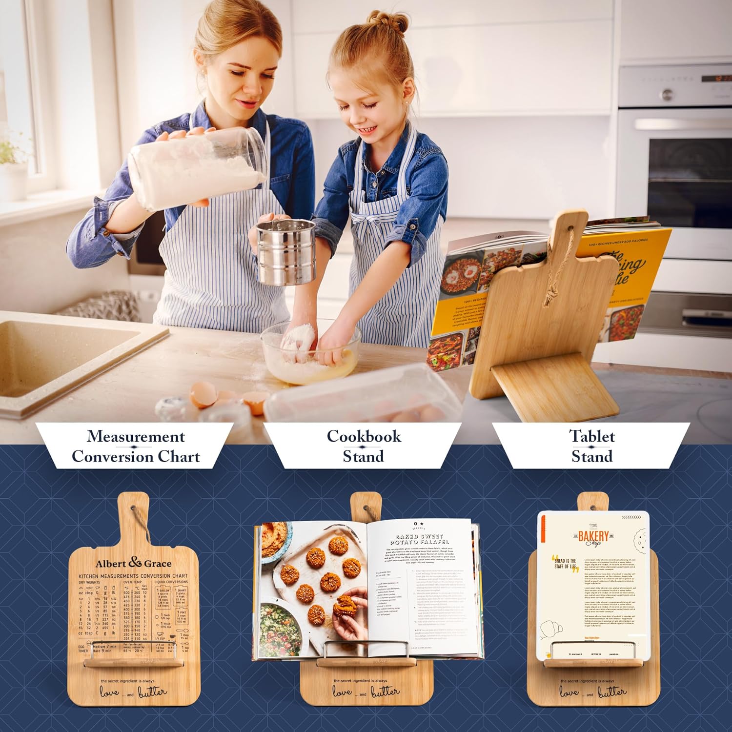 Albert&Grace Adjustable Bamboo Cookbook Stand with Conversion Chart – Recipe Book Holder for Kitchen Counter, Large Wooden Stand for Cookbooks, Tablets, & iPads