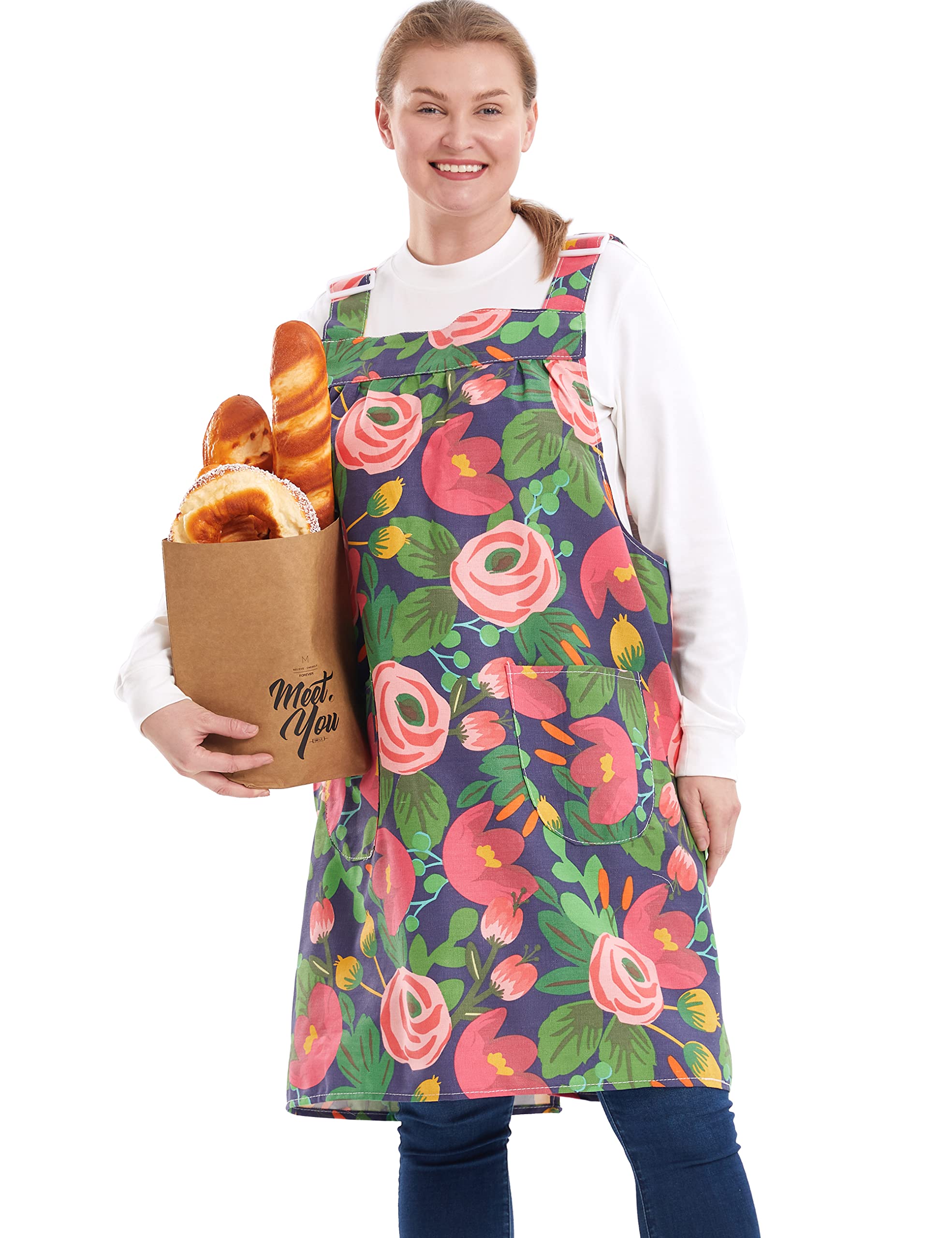 APRONNER No Ties Plus Size Aprons for Women with Pockets Cotton Linen Baking Kitchen Cooking, Red Tulip, XXXL