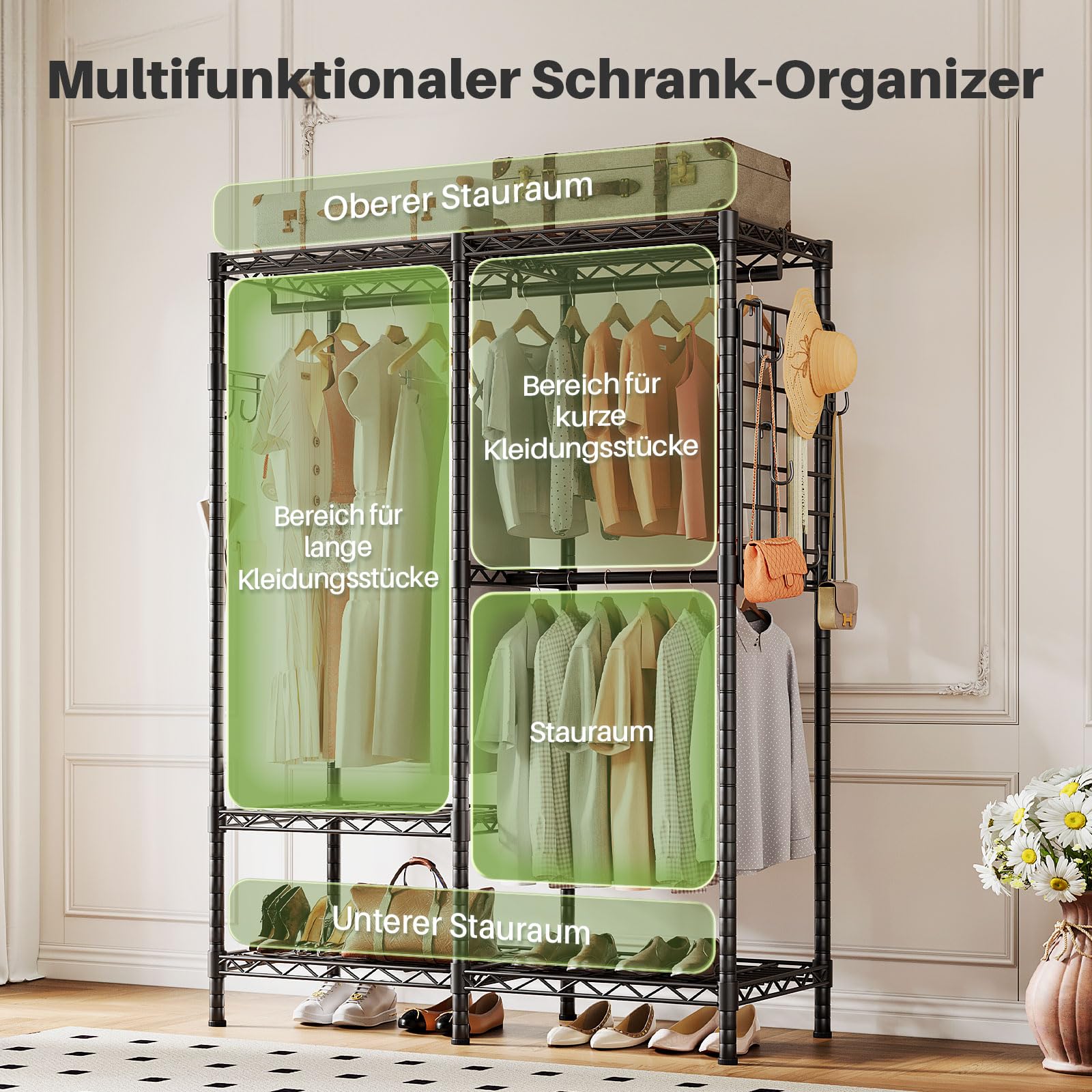 HOKEEPER Kleiderständer 498kg Schwerlast | Kleiderschrank, zum Aufhängen von Kleidung, 4 Rollen, 2 feststellbar, einfache Montage, langlebig